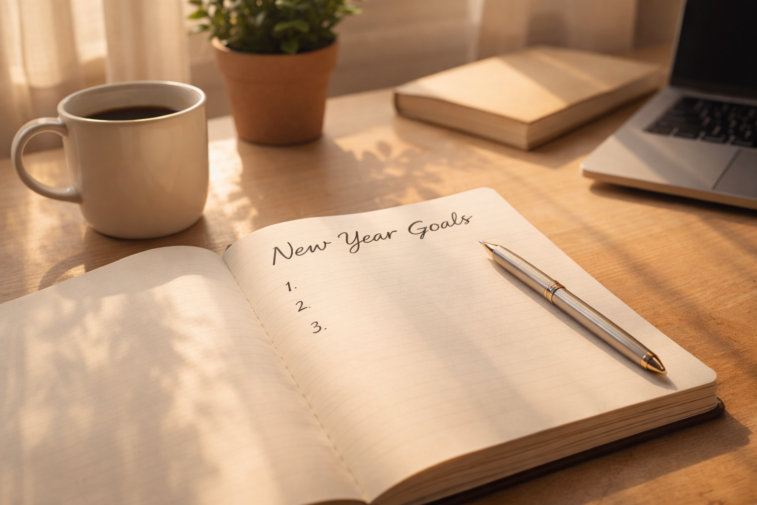 Happy New Year 2026 notebook on a desk with handwritten goals, coffee nearby, and soft natural morning light
